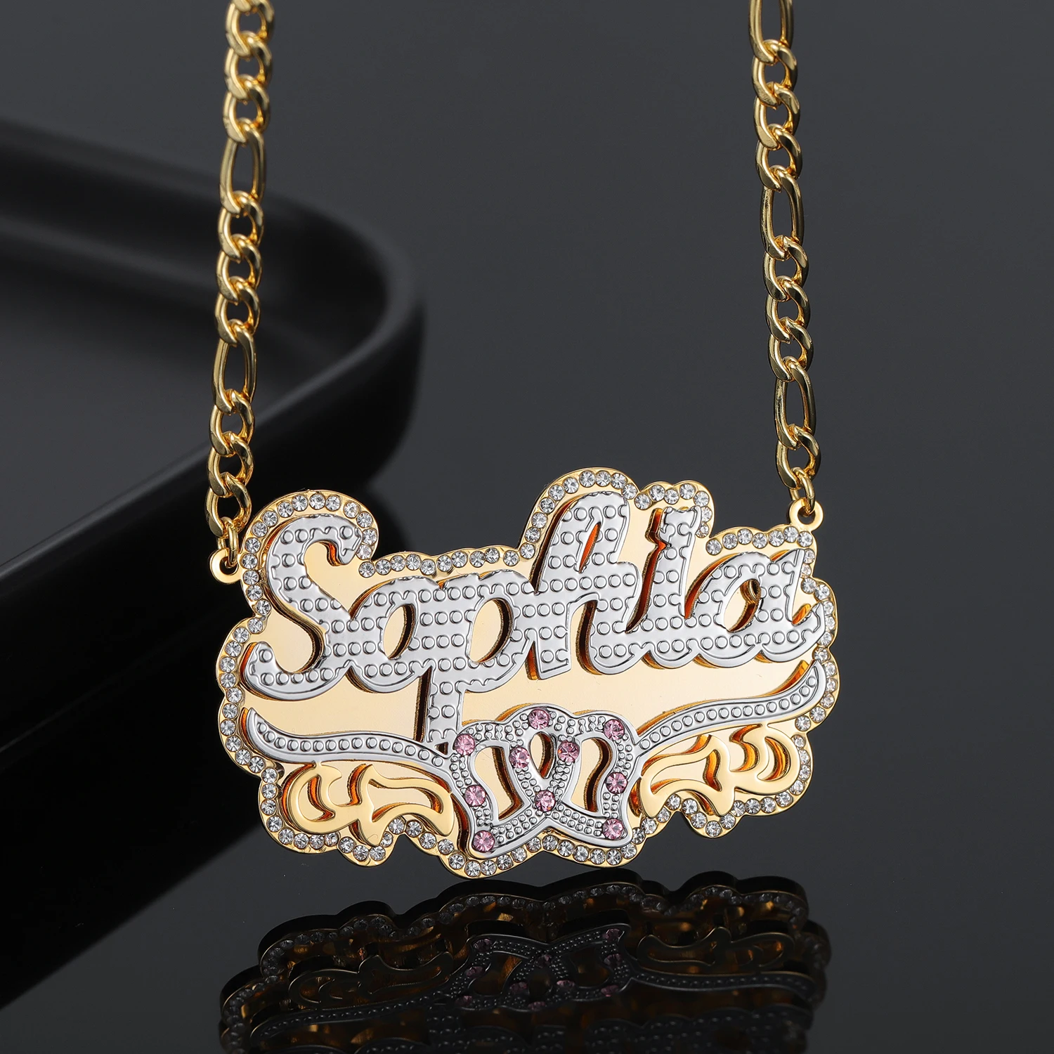 Dascusto Personalized Nameplate Name Necklace Custom 3D 18KGold Plated Double Diamond Choker Pendant Two-Tone Chain Mother's Day