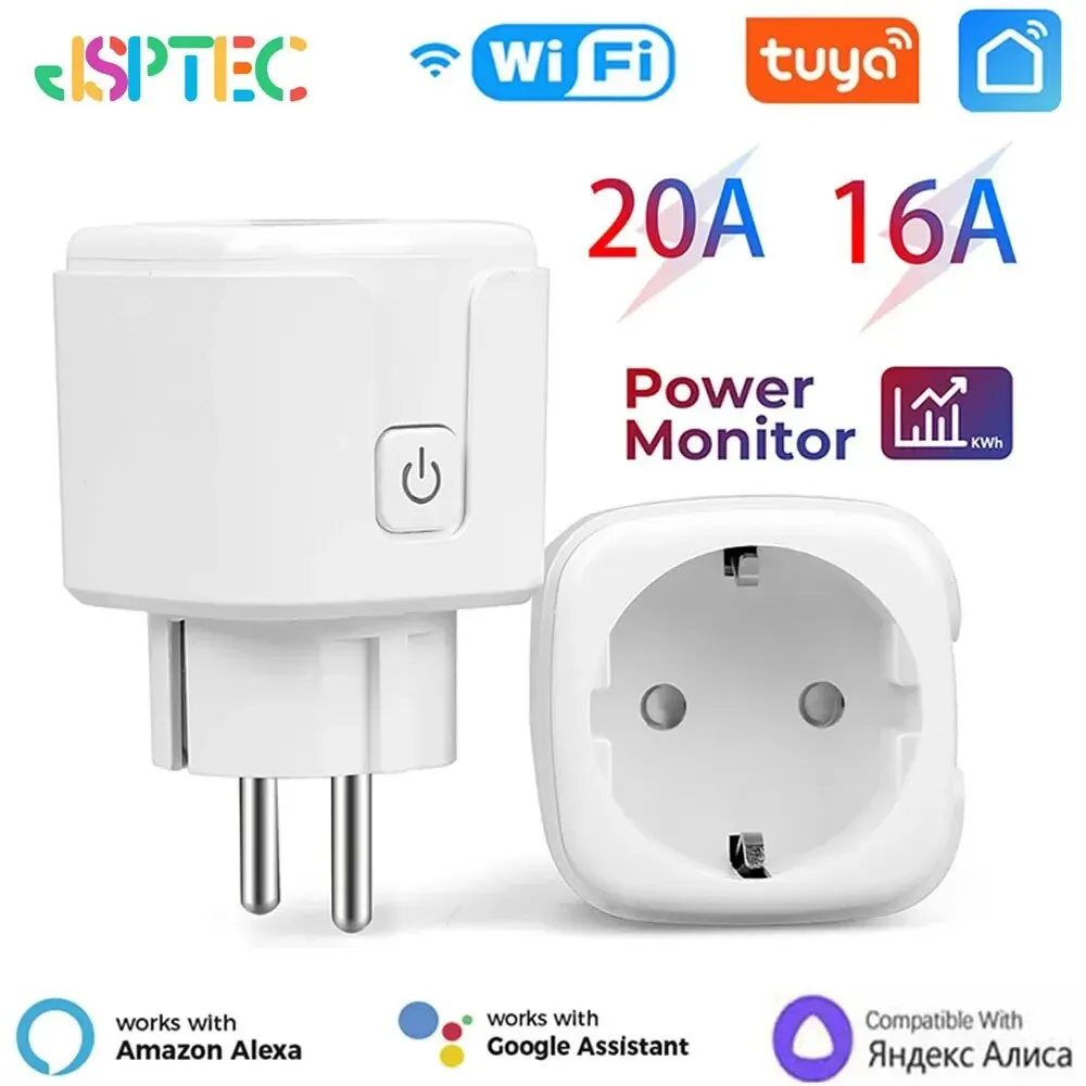 Tuya Smart Home Socket WiFi 20A EU Plug Outlet Remote Control Timer Power Monitor Support Voice Google Home Alexa
