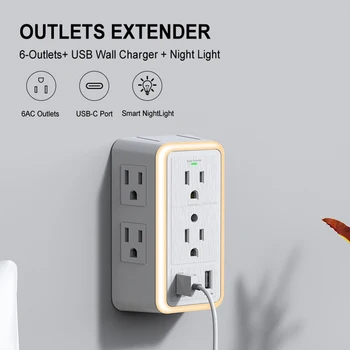 USB Wall Charger Surge Protector 6 Outlet Extender with 3 USB Charging Ports (1 USB C Outlet)and Night Light for Home, Office