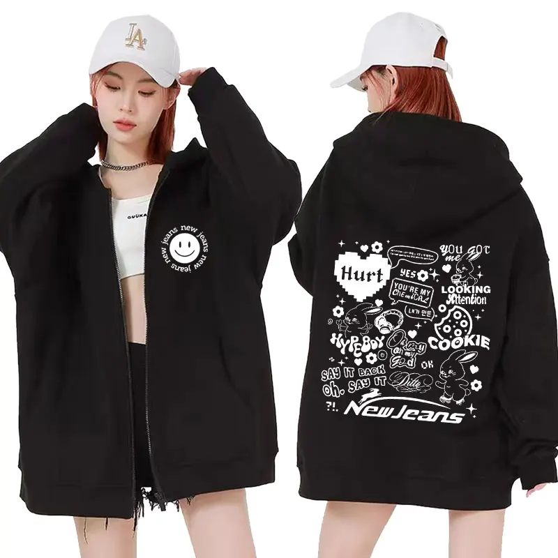 

Korean NewJeans Cute Bunnies Zip Up Hoodie Men Women's Aesthetic Vintage Zipper Hooded Kpop Fashion Jacket Sweatshirt Streetwear