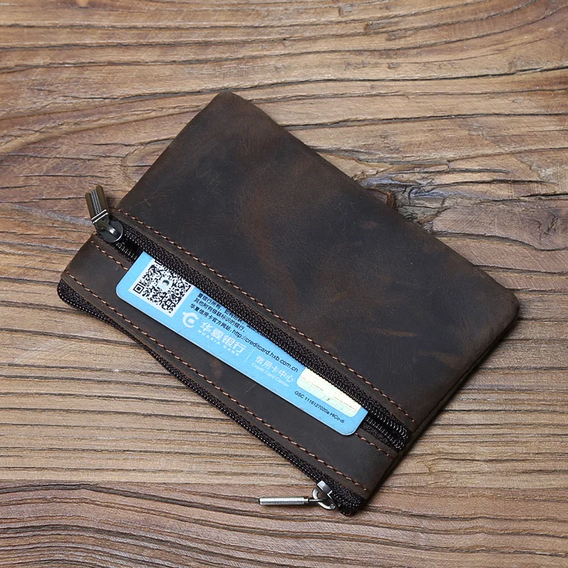 NZPJ Men's Real Leather Card Bag Vintage  First Layer Cowhide Lady's Change Purse Zipper Wallet Key Bag Driver's License Bag