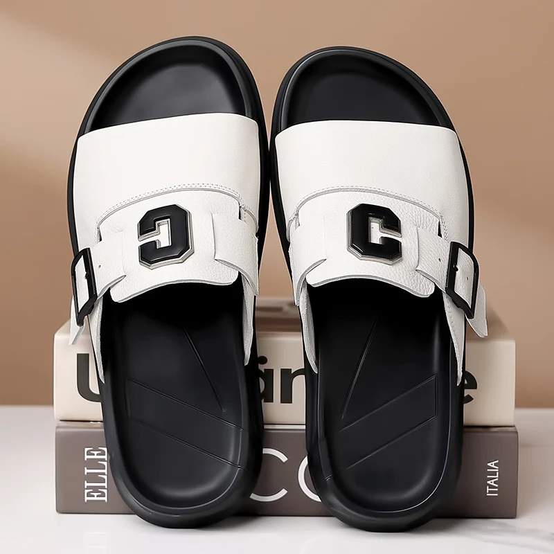 Men's Genuine Leather Non-Slip Breathable Slippers Male Simple Soft-Soled Beach Shoes Outdoor Comfortable Walking Roman Sandals