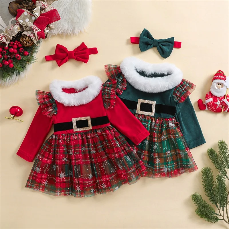 3M-3Y Baby Girls 2Piece Christmas Outfits Ruffled Long Sleeve Plush Round Neckline Tulle Dress + Bow Headband Set Infant Clothes girls dress baby girl dress