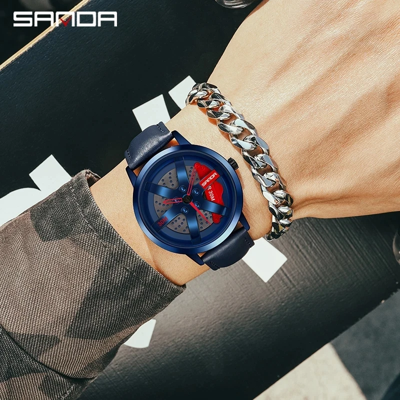 SANDA Fashion Wheel Series Dial Men Watches Waterproof Quartz Movement Wristwatch Casual Leather Watch Relogio Masculino P1075