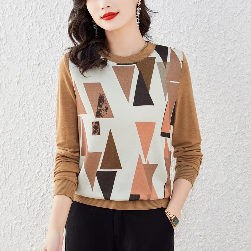 

Женские пуловеры с длинным рукавом, Осенний пуловер с принтом, повседневные коричневые футболки, топы, рубашки для женщин