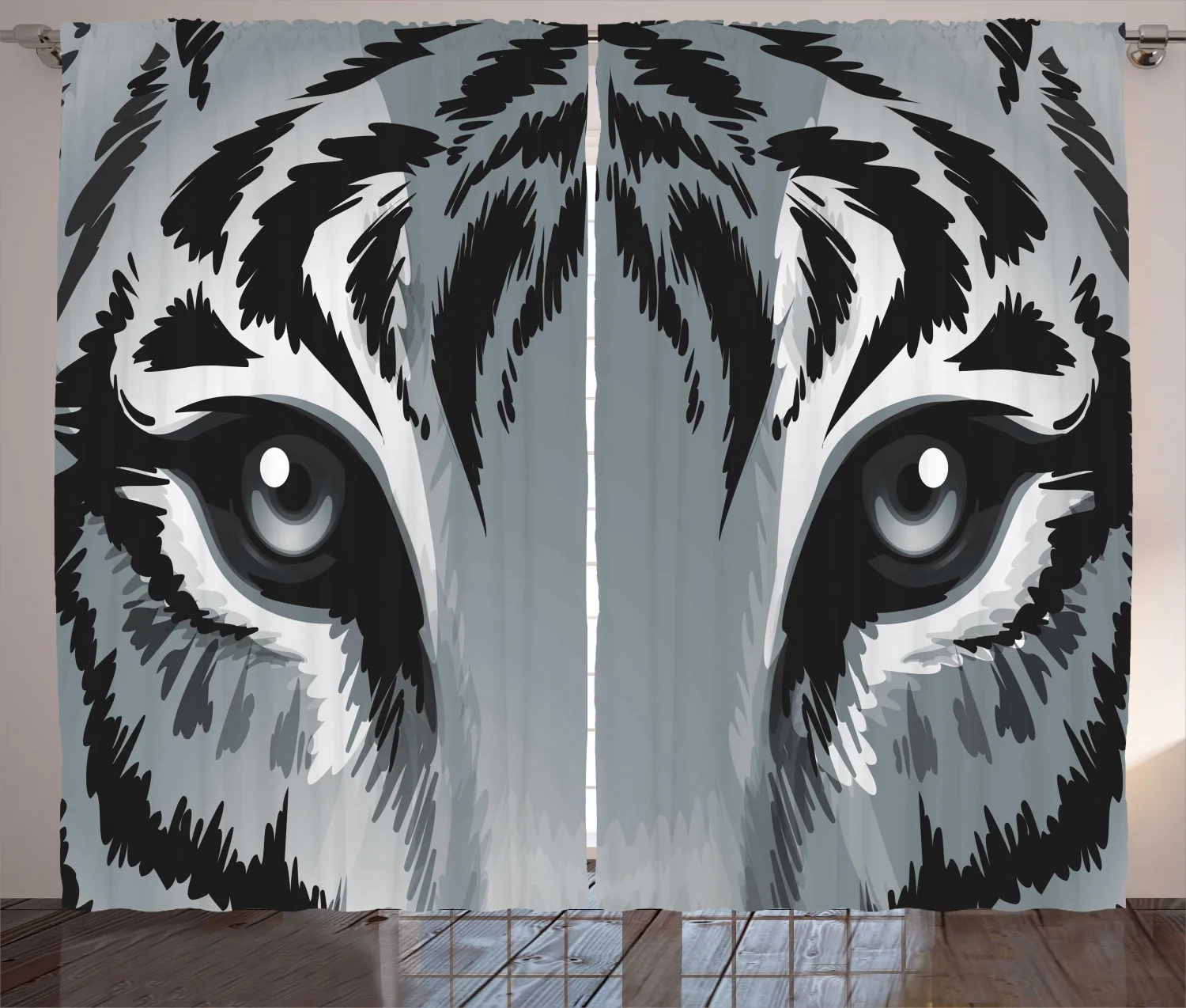 Eye Curtains Tiger Sharp Eyes Monochrome Wildlife Animal Satin Fabric Drapes for Living Room Bedroom 2 Panel Window Set | Дом и сад
