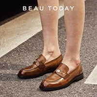 BeauToday Penny Loafers Women Genuine Calfskin Slip On Round Toe Square Heel Shallow Casual Spring Outdoor Ladies Shoes 26084