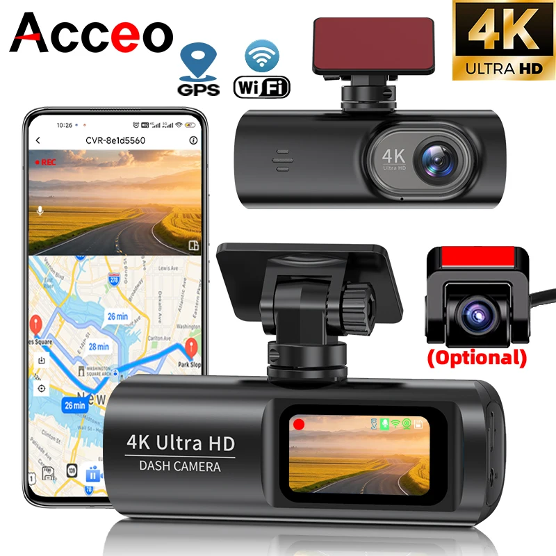 ACCEO 스마트 자동차 대시캠 4K 울트라 HD WiFi 야간 시야 지원 1080P 후방 카메라 및 하드와이어 키트(24시간 주차 모드용)
