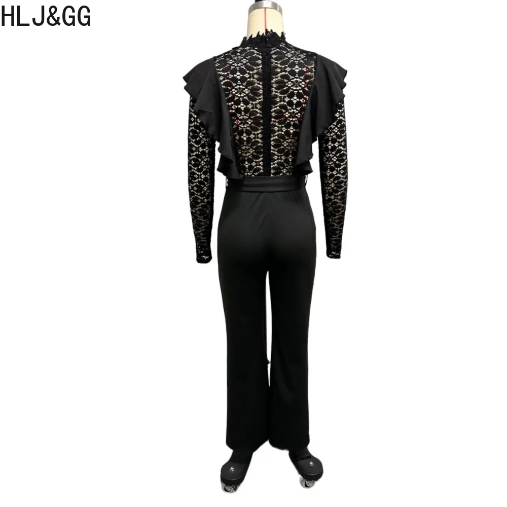 HLJ&GG Sexy Lace Perspective Jumpsuits Women Round Neck Long Sleeve Splicing Wide Leg Pants One Piece Playsuits Female Overalls