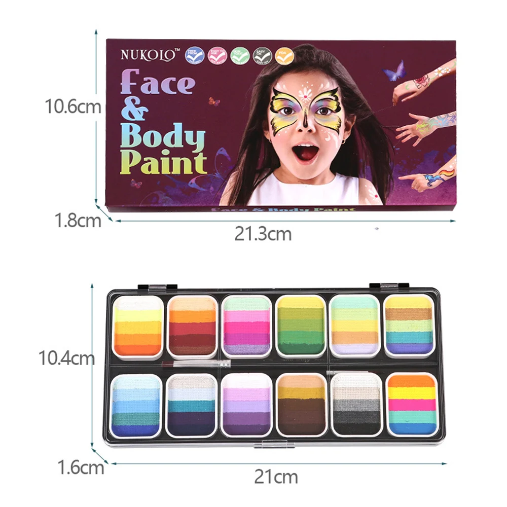 전문가용 페이스 스플릿 케이크 페인트 팔레트 세트, 여러 가지 색상 세트, 3 브러시 및 6 스텐실 스티커, 안전하고 무독성 물