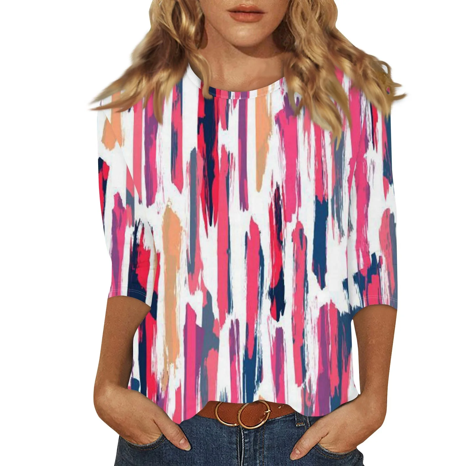 

Женская одежда, Уникальные повседневные рубашки, женские блузки, роскошные летние женские рубашки с круглым вырезом и рукавом 3/4 и принтом Кофта