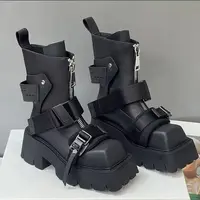 2025 Women Top Layer Cowhide Female Square Toe Western Front Zipper Color Matching Thick Bottom Belt Buckle Booties Chelsea