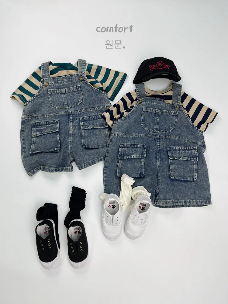 2025 Summer New Vintage Girls Overalls Kids Boys Pocket Denim Strap Pants Children Jeans Shorts Fashion Baby Clothes