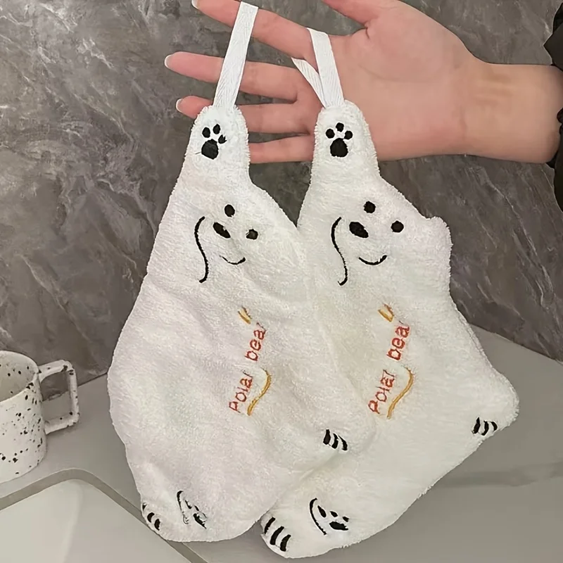Super Absorbent 1pc Cute Polar Bear Hand Towel,Coral Velvet,Thickened Cartoon,Hanging Hand Towel,Suitable for Multiple Scenarios