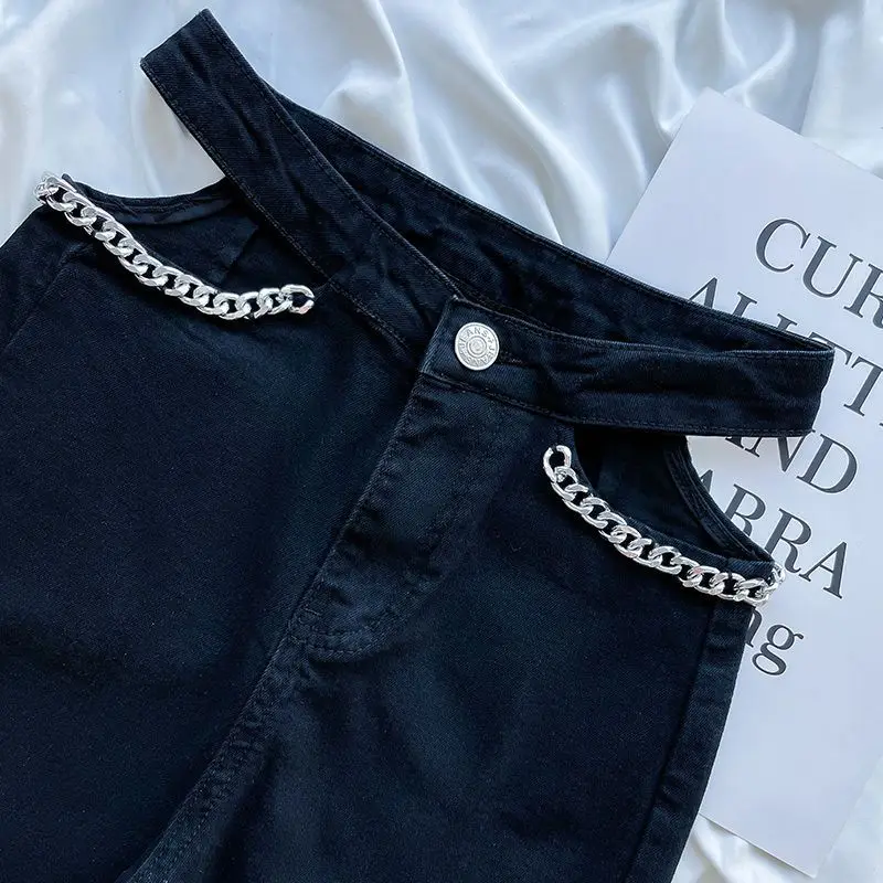 Solid Color Casual Fashion Women's Jeans Hollow Out High Waist Denim Trousers Slim Flare Pants