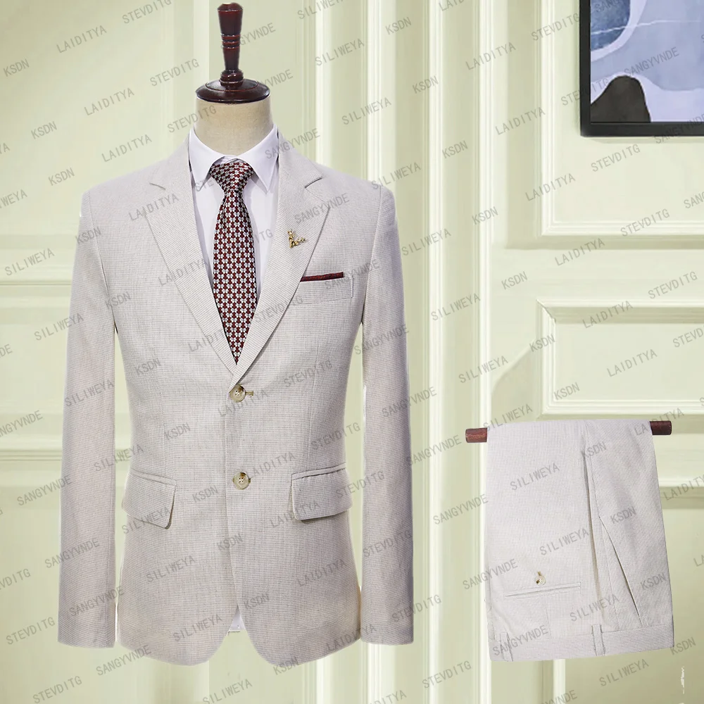 

Men Suit Blazer Khaki Single Breasted Notched Lapel Two Piece Coat Pants Linen Summer Leisure Slim Fit Formal Costume Homme 2023