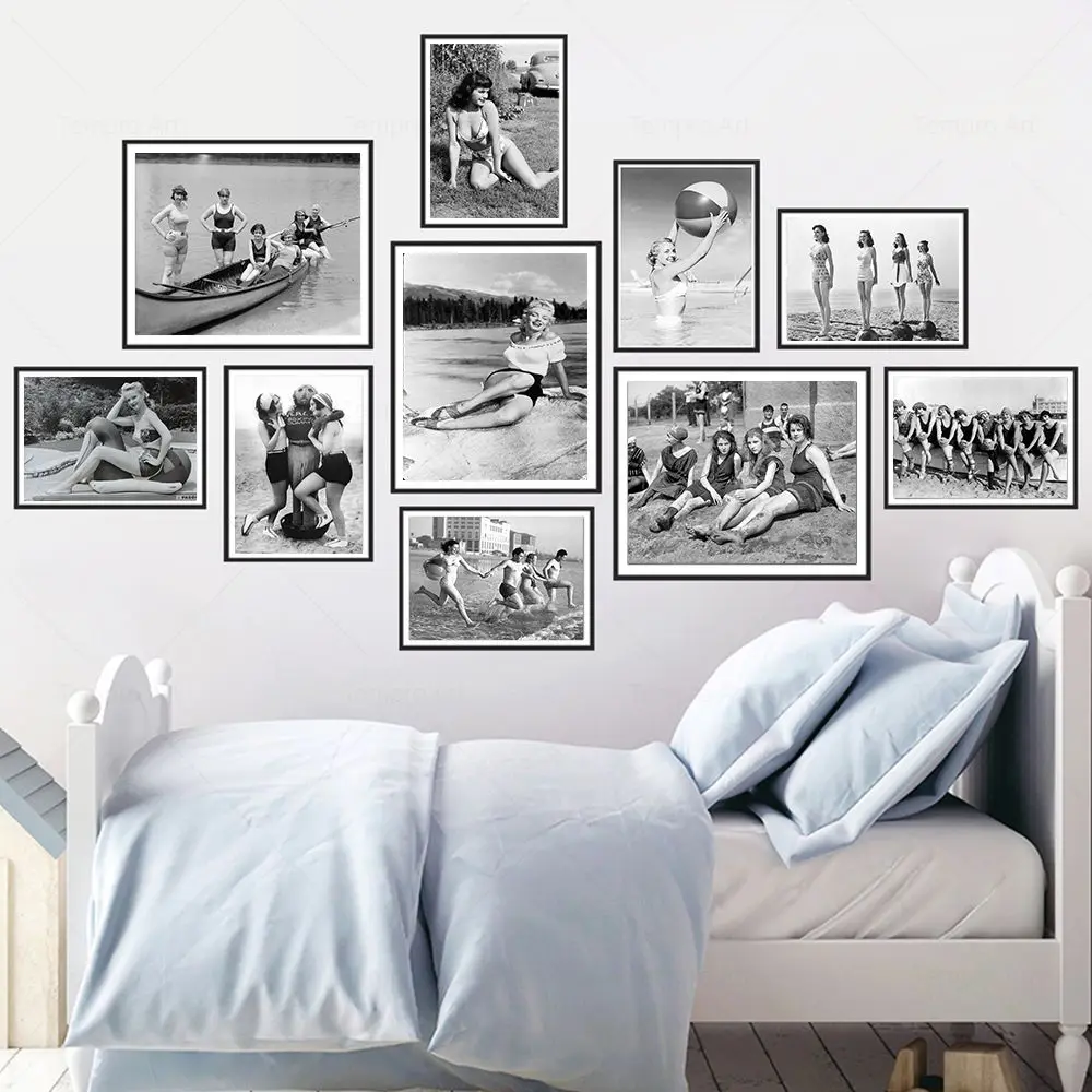 

Black White Beach Posters Fashion Girl Car Summer Seascape Wall Art Print Vintage Canvas Painting Pictures Nordic Home Decor