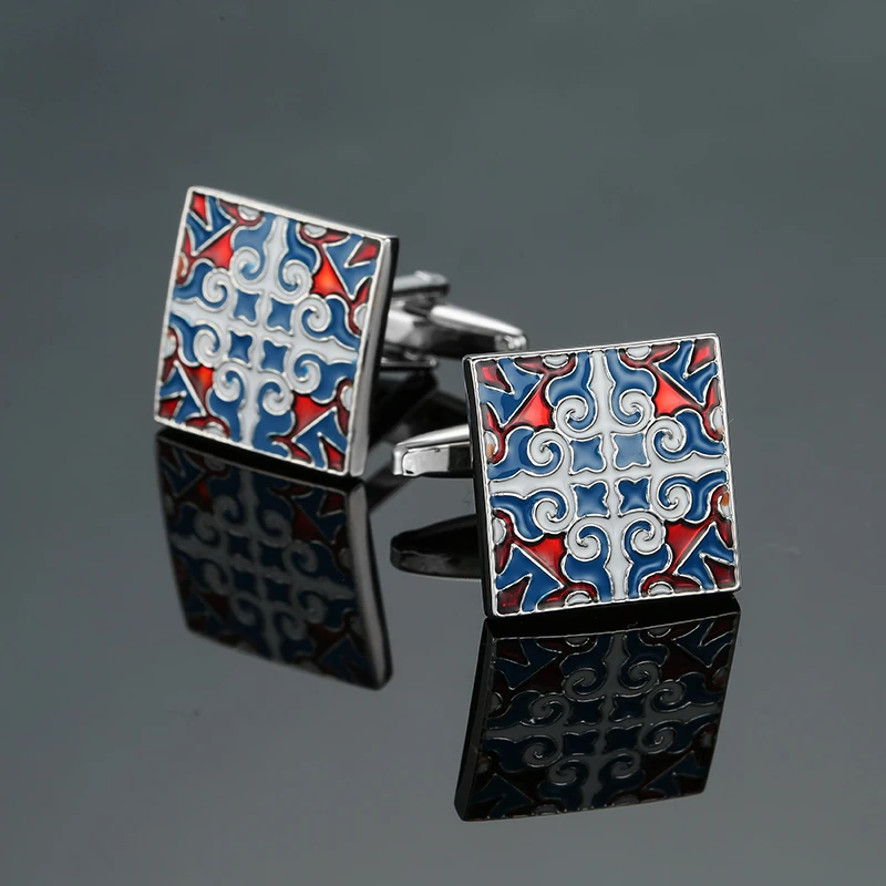 Luxury Mens Cufflinks - Classic Square Blue  Black Retro Pattern Suit Accessories