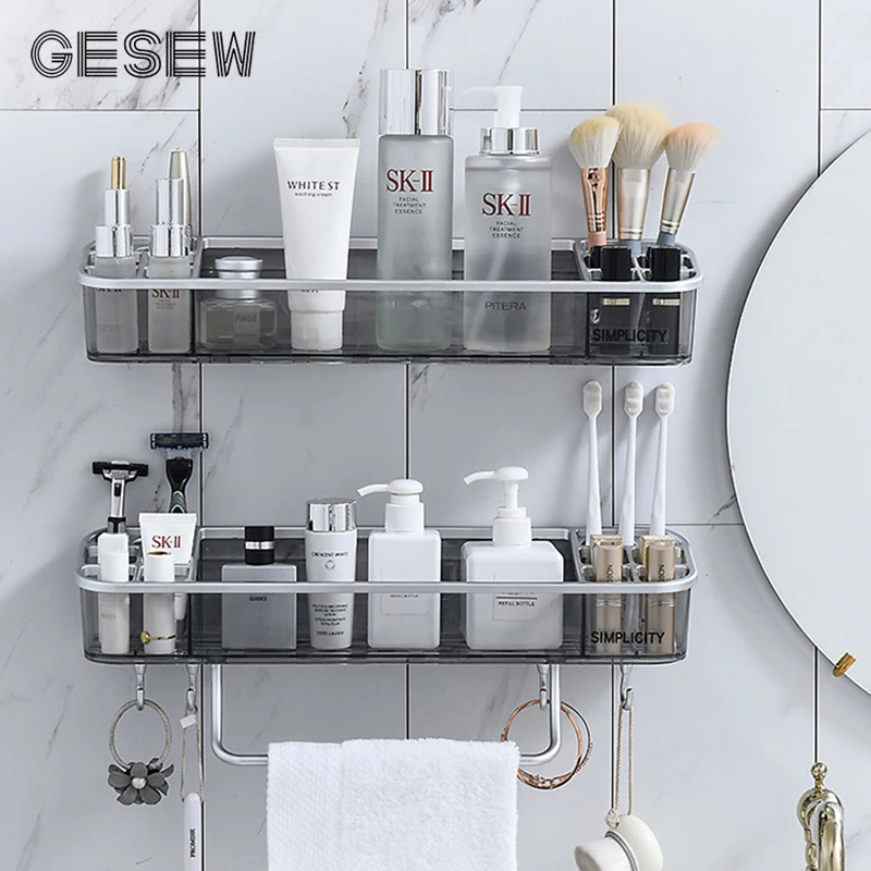 GESEW Wall Mounted Shelves For Bathroom Storage Rack With Towel Rod