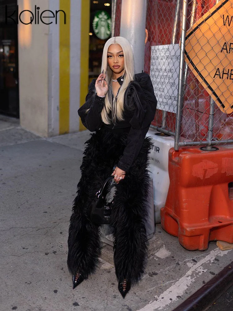 

KLALIEN Winter Warm Fluffy Y2K Women's Pants 2023 Fashion Solid Streetwear Elastic Waist Straight Trousers Female Bottoms