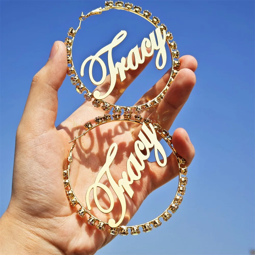 2023 Personalize 50-70mm Name Hoop Earring Personalized Abs Diamond Big Earring For Women Party Jewelry Gifts