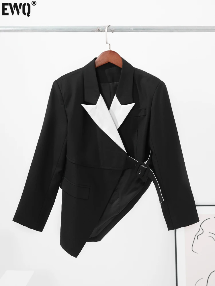 

[EWQ] Women Blazer Coat Contrast Color Asymmetry Patchwork Notched Bandage Suit Jackets 2023 Spring New Tide Korean Chic Blazers