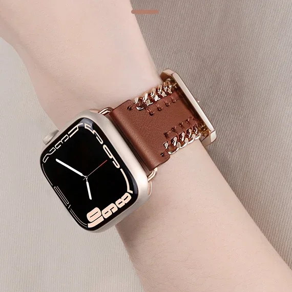 Strap For Apple Watch Band Ultra 2 49mm 9 8 7 6 5 4 3 SE Leather Hand sewn chain bracelet Band iWatch 45mm 44mm 42mm 41mm 40mm