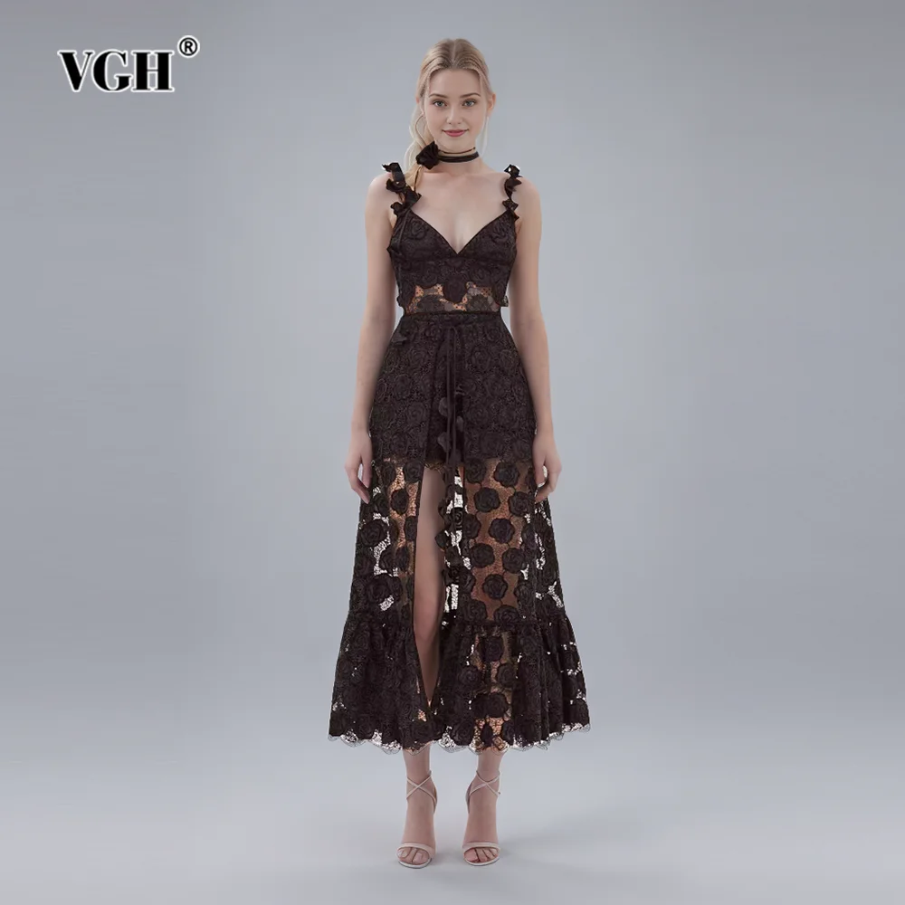 

VGH Spliced Embroidery Two Piece Sets For Women V Neck Sleeveless Tops High Waist Long Skirts Solid Casual Set Female Fashion