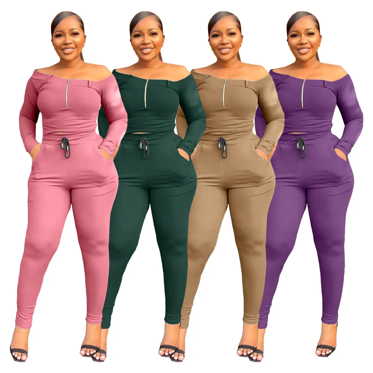 Women's Fall Solid Color Zip-Up Long Sleeve Pants Casual Sports Suit Long Sleeve Crop Top Leggings Fitness Set women yoga t shirt o neck short sleeve tops split hem hollow out breathable elastic solid loose running fitness gym sportswear