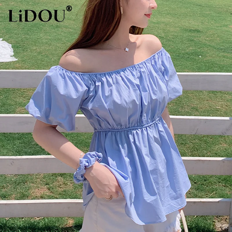 

summer fashion one Word collar solid color folds shirt lady short sleeve loose casual all-match pullover top women waist blouse