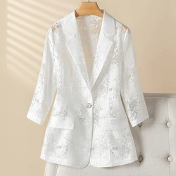 Women Blazer Jacket Spring Summer2024New Thin Cardigan Sun Protection Clothing Hollow Lace Three-quarter Sleeve Suit Tops Ladies