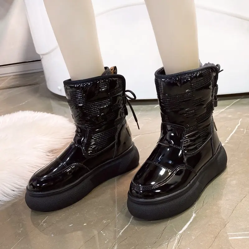 Black Winter Women Boots Female Keep Warm Women's Patent Leather Boots New Arrival Waterproof Female Shoes Women Botas Mujer