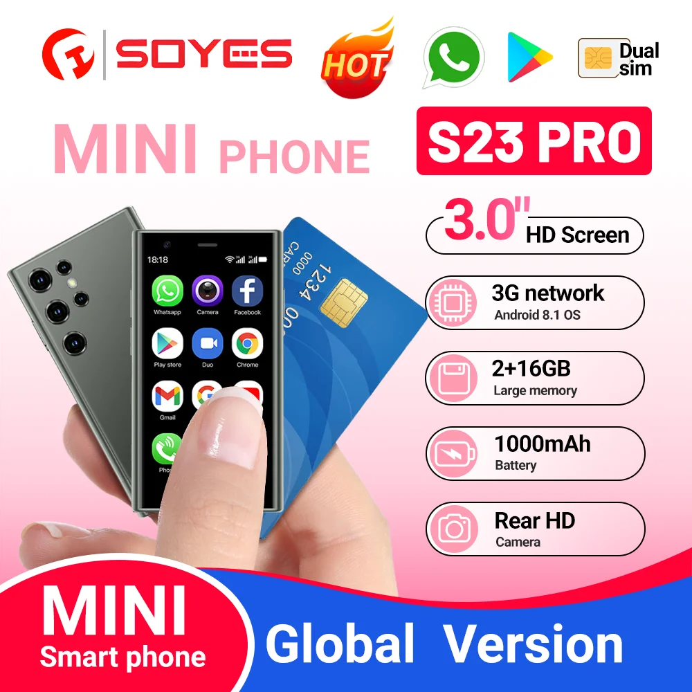 soyes-超薄型スマートフォン、s23プロ、2gb-ram、16gb-rom、android-81、デュアルsim、スタンバイ、1000mah、3gネットワーク、コンパクトモバイルフォン