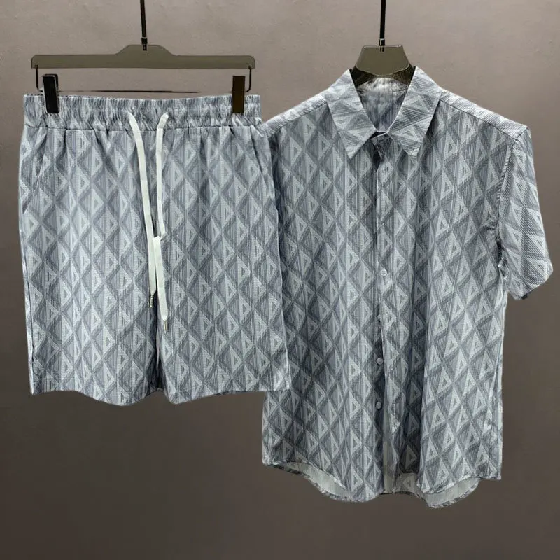Men Hip Hop Beach Holiday Short Sleeve SuitLoose Short Sleeve Shirt Set Casual Harajuku Geometric Patterns Printing Set