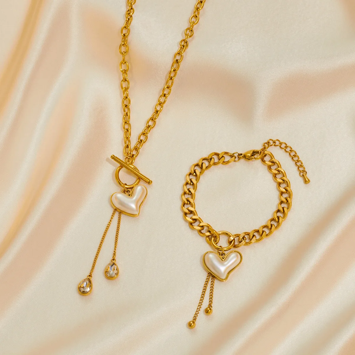 Love Heart Charm Pendant Necklace Bracelet For Women Titanium Stainless Steel Wedding Party Jewelry Sets 1