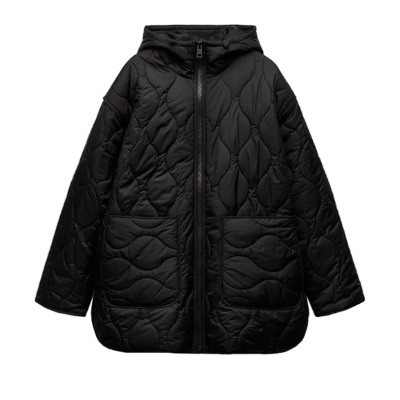 

Women's New Autumn And Winter Loose Casual Hooded Long-sleeved Cotton Jacket,Double Pocket Zipper Long Style Jacket