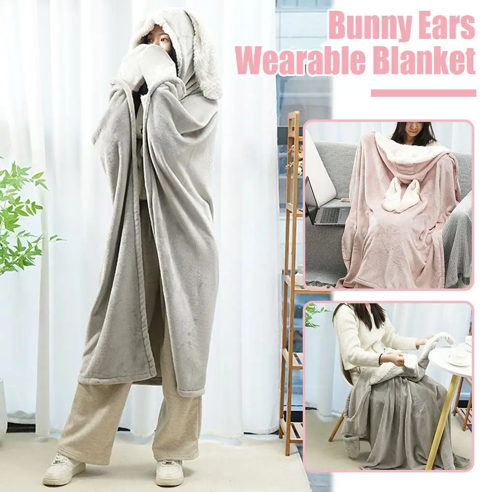 Cute Bunny Ear Cape Flannel Blanket Hoodie Adult Child Office Home Comfortable Wearable Thickened Soft Blankets Warm Cape A3P2