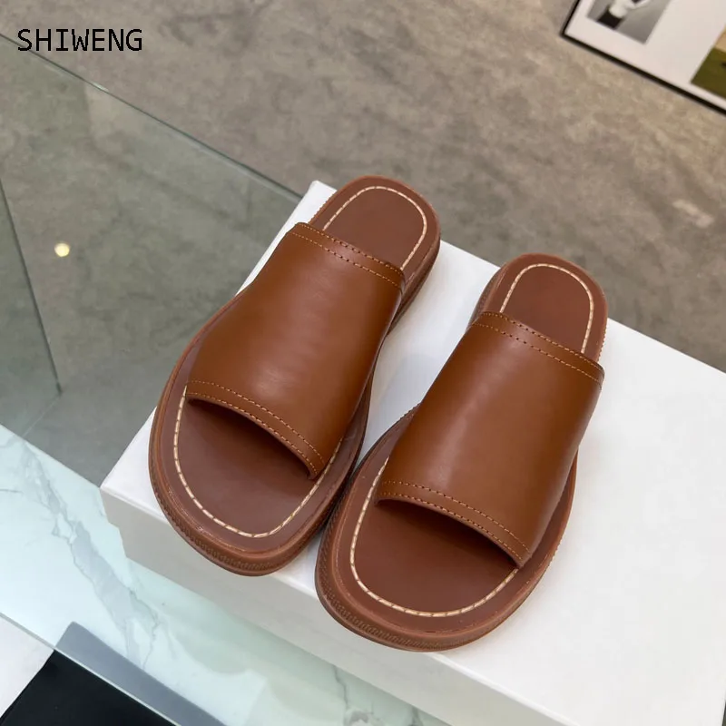 

2023 Summer Women Genuine Leather Flat Slippers Thick Soled Non-slip Slipper Comfort Outdoor Casual Beach Shoes