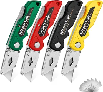 Taglierino da Cucina, Set di 4 Coltelli Pieghevoli con Manico, Taglierino Multiuso Resistente e Taglierino Tascabile con 10 Lame Extra