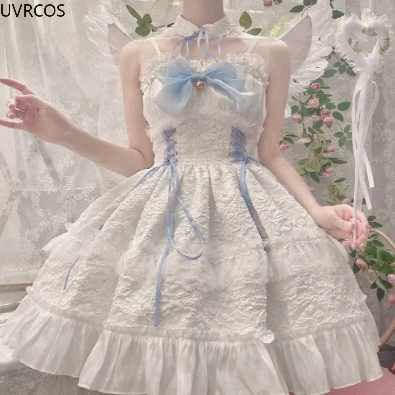 Dark Gothic Lolita Jsk Dress Women Harajuku Kawaii Bow Lace Bandage Princess Slip Dresses Girl Sweet Cute Y2k Party Mini Vestido lolita dress lolita suspender dress lolita cosplay costumes suspender dress
