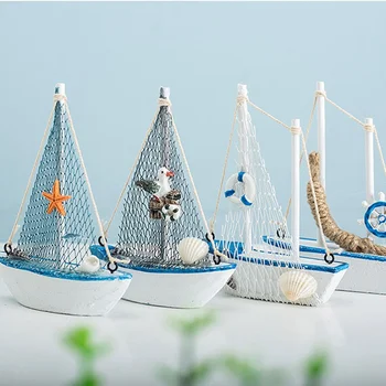 1pc Mini Mediterranean Style Marine Nautical Wooden Blue Sailing Boat Ship Wood Crafts Ornaments Party Room Home Decoration 1