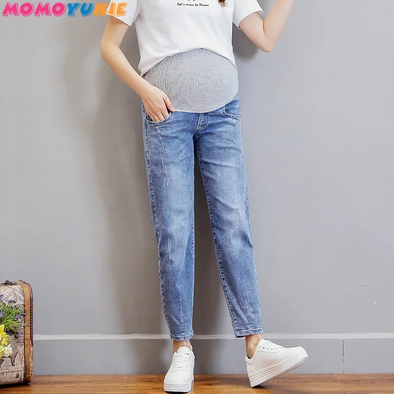 Vintgae Washed Denim Maternity Jeans for Pregnant Women Clothes Elastic Waist Belly Loose Pants Pregnancy Gravidas Clothing women pants denim trousers maternity pants