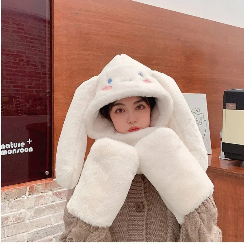 

3 In 1 Cinnamoroll Women Winter Warm Soft Thickening Hood Scarf Snood Pocket Hats Gloves Fashion Hooded Scarf Hat Glove Sets