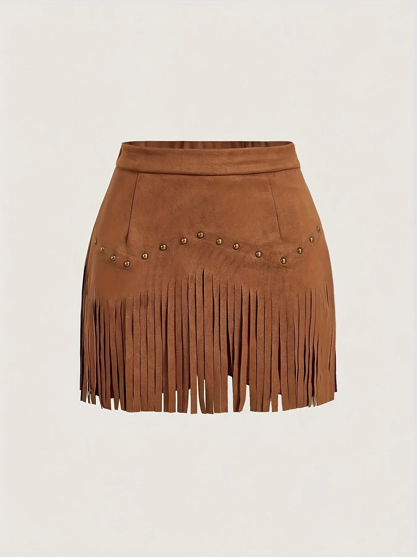 Women's Solid Color Suede Fringe Mini Skirt High Waist Studded Tassel Short Skirt Retro Casual Skirt For Daily Wear & Dating 1