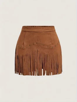Women's Solid Color Suede Fringe Mini Skirt High Waist Studded Tassel Short Skirt Retro Casual Skirt For Daily Wear & Dating 1