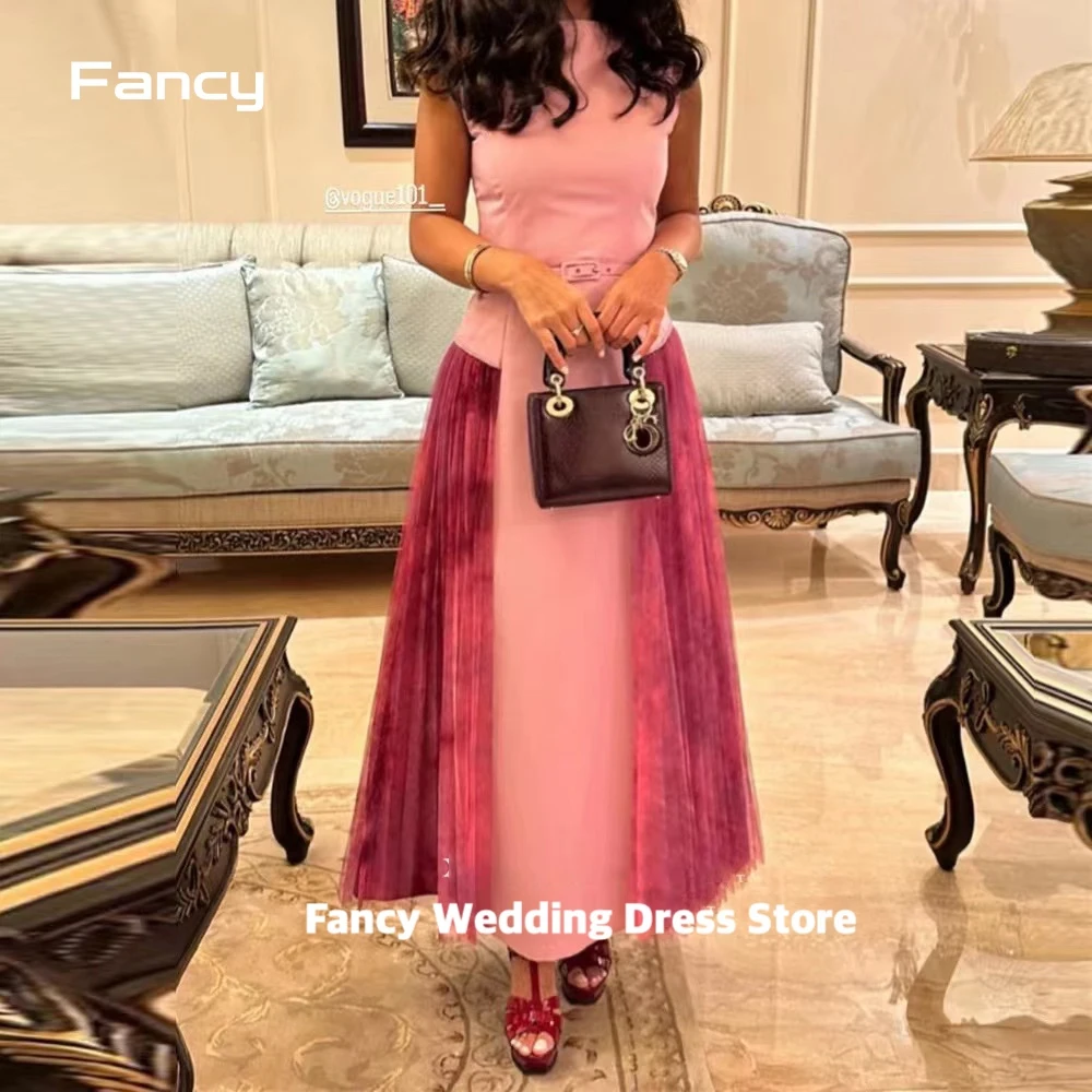 

Fancy Saudi Arabic Women Pink Party Evening Dresses Vintage Bateau Neck Lace Ankle Length Prom Gowns Formal Party Dresses