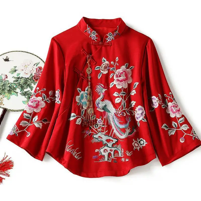 Cheongsam Blouse Improvement Version of The Girl Wind Retro Improved Embroidery Antique Top Tea Clothing Tang Dress Female women chinese shirt women cheongsam waistcoat