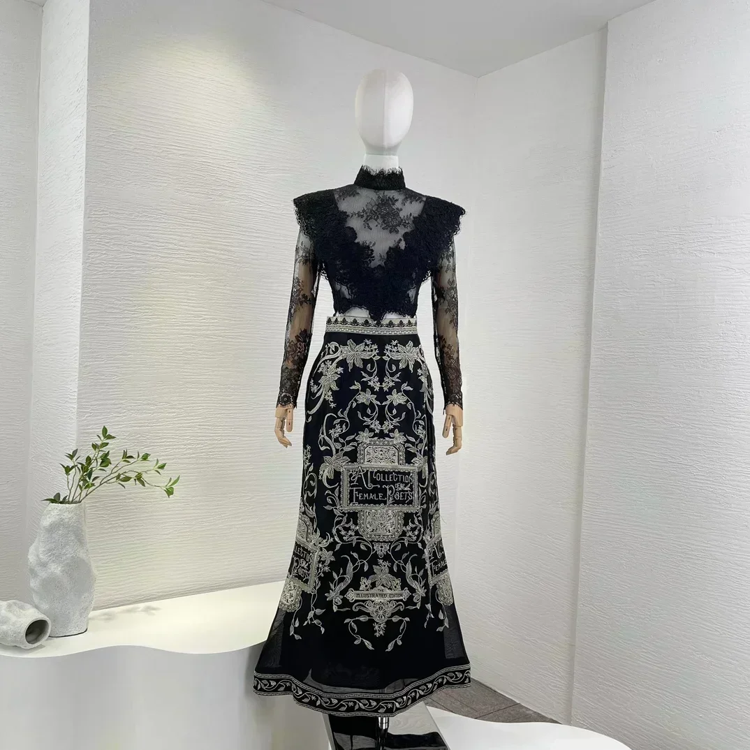 

Luxury Lace Silk Linen 2023 Latest Collection Black High Quality Hollow Out Blouse and Embroidery Midi Skirt Women Fashion Set