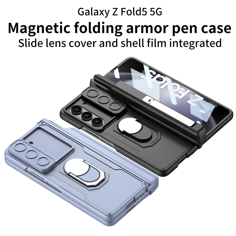 For Galaxy Z Fold 5 Case GKK Magnetic Folding Armor Ring Back Holder Cover With Front Glass + S Pen Holder For Galaxy Z Fold5