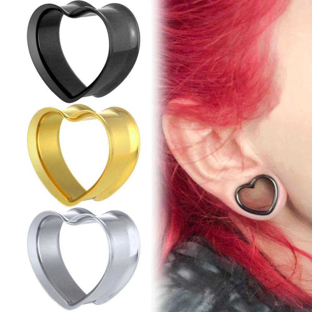 Giga 2PCS 316 Stainless Steel Ear Tunnels Plugs Heart Double Flared Ear